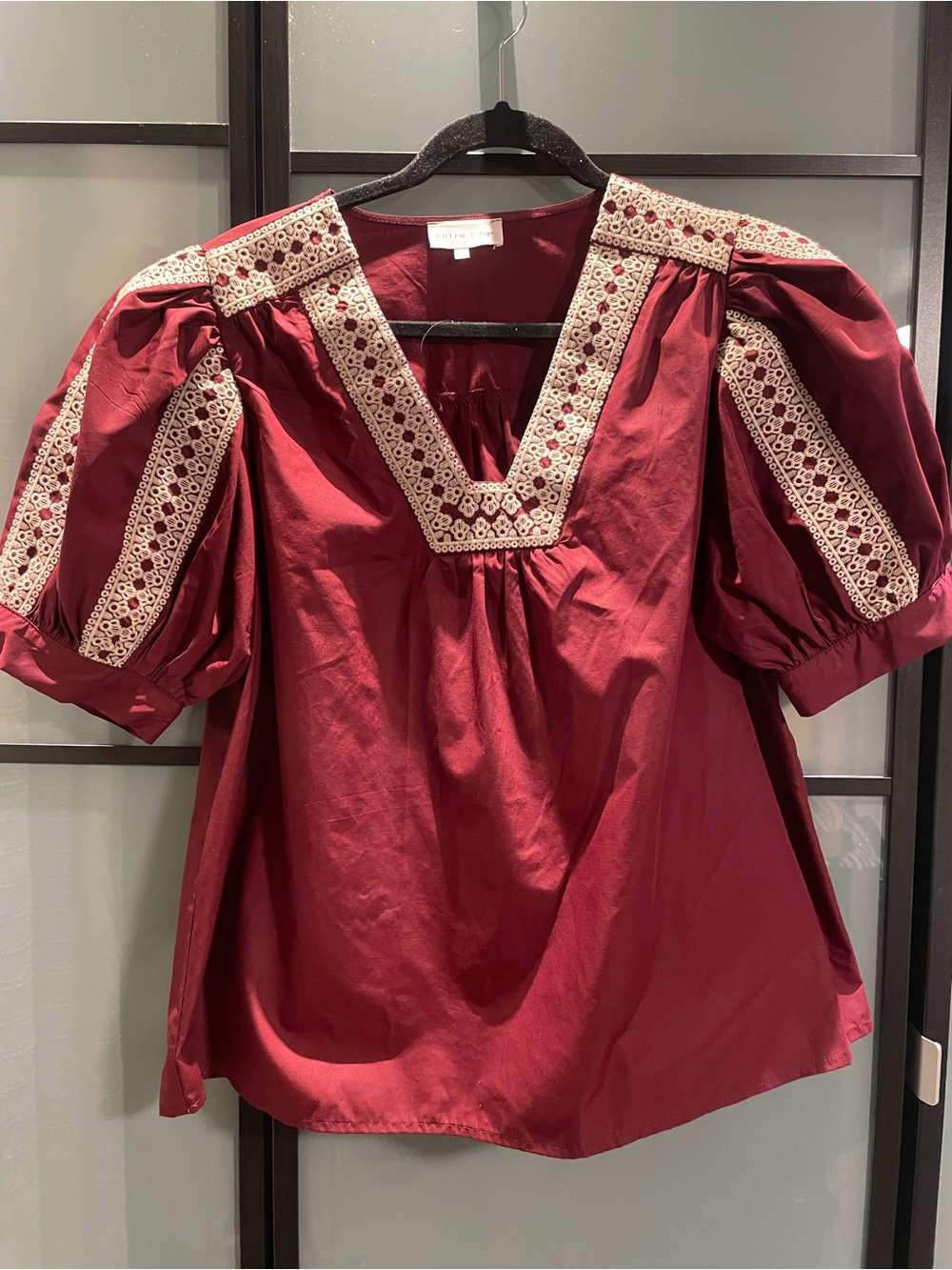 entro Burgundy Puff Sleeve Embroidered V-Neck Top NWOT never worn